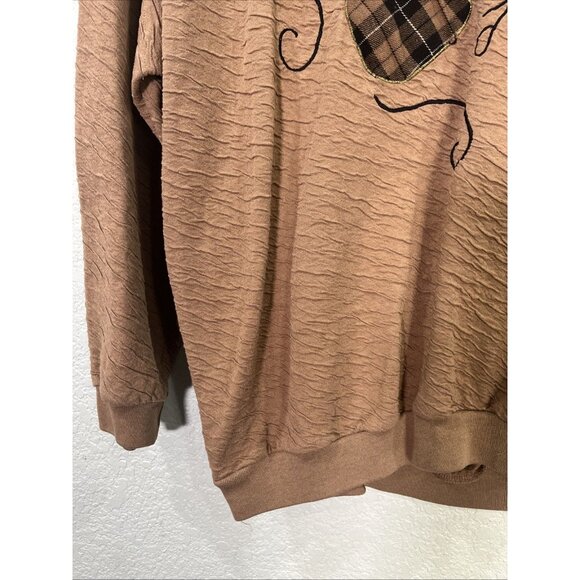 Donna Toran Vtg Crewneck Sweater Womens XL Brown Embroidered Music Crinkle Knit - Picture 3 of 8